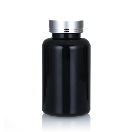 200ml black PET medicine container with aluminum sliver cap