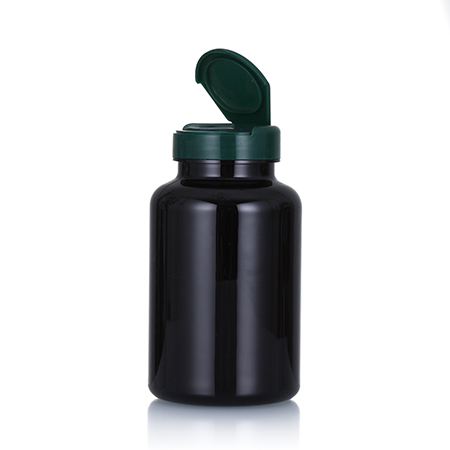 300ml black PET medicine container with flip cap