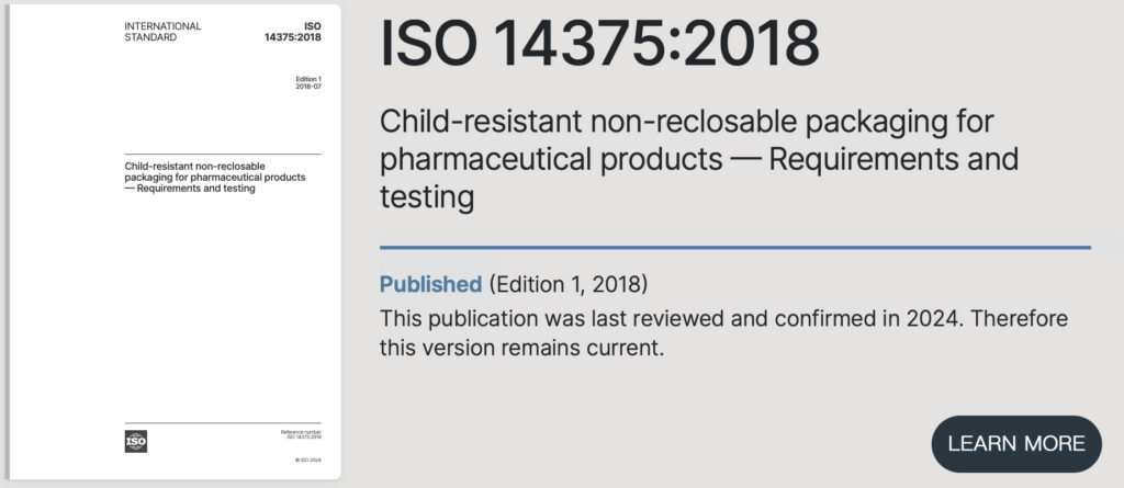 iso 14375 child resistant non-reclosable packaging for pharmaceutical products requirements and testing