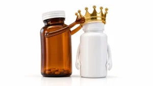 conceptual 3d render of a glass medicine bottle crowning a white plastic bottle, representing the shift from glass to plastic in pharmaceutical packaging industry trends | laiyangpackaging.com