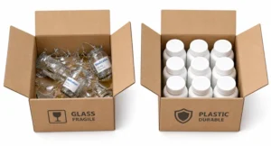 durability comparison between glass and plastic pharmaceutical packaging during shipping, showing shattered glass bottles versus intact plastic bottles to highlight supply chain safety.