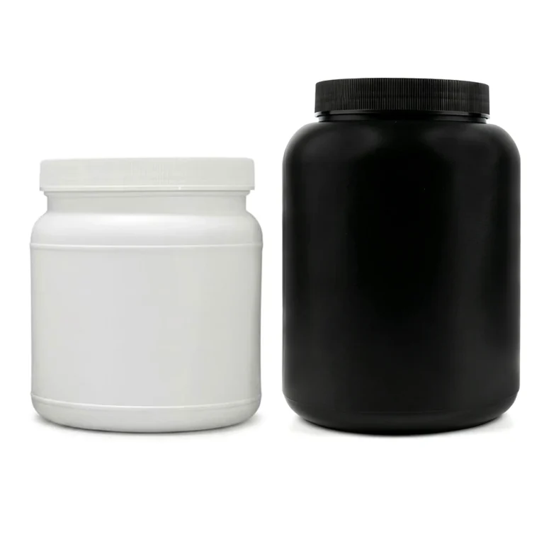 HDPE Protein Powder Jar | Black,White,HDPE Canisters | Round Shoulder, Short Neck | laiyangpackaging.com | 1L, 1.1L, 1.25L, 2L, 3L, 4.5L| HDPE or PCR HDPE on request