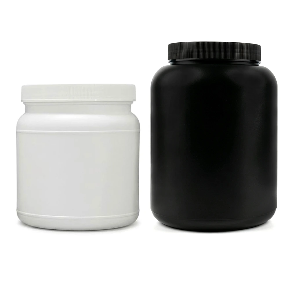 HDPE Protein Powder Jar | Black,White,HDPE Canisters | Round Shoulder, Short Neck | laiyangpackaging.com | 1L, 1.1L, 1.25L, 2L, 3L, 4.5L| HDPE or PCR HDPE on request
