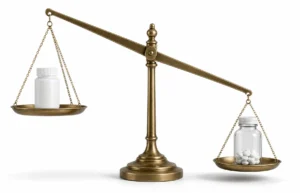 weight comparison between plastic and glass pharmaceutical packaging on a balance scale, highlighting the lightweight advantage of plastic bottles for medical procurement. ｜ laiyangpackaging.com
